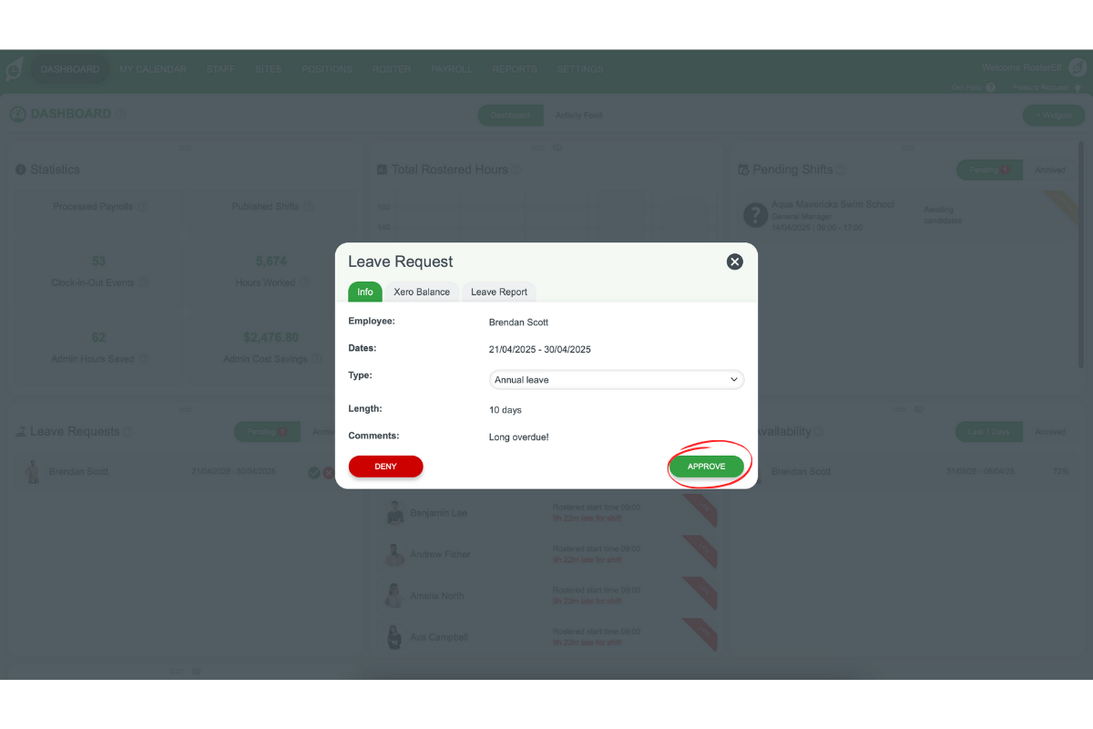 Screenshot showing the approve button for a leave request