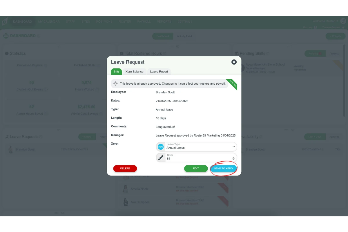Screenshot of the final step to send approved leave to Xero