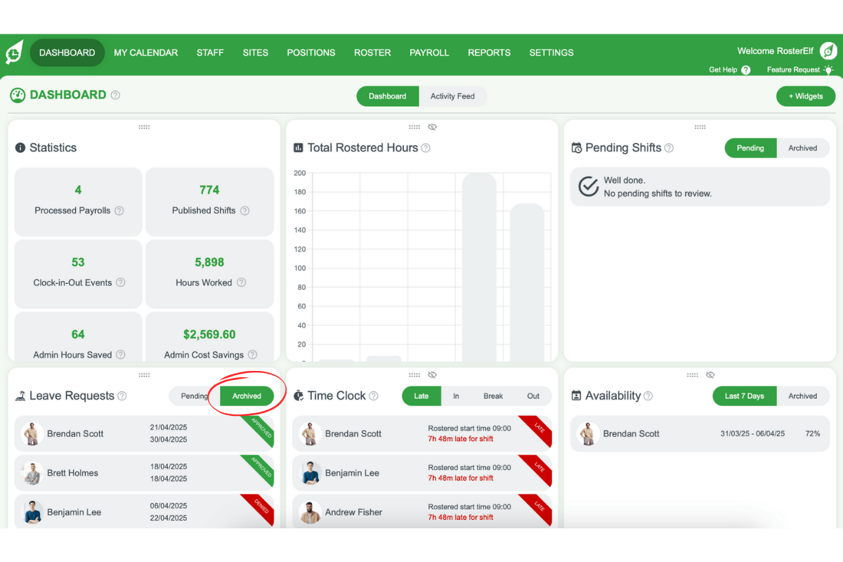 Screenshot of the archived tab in the Leave Request Widget