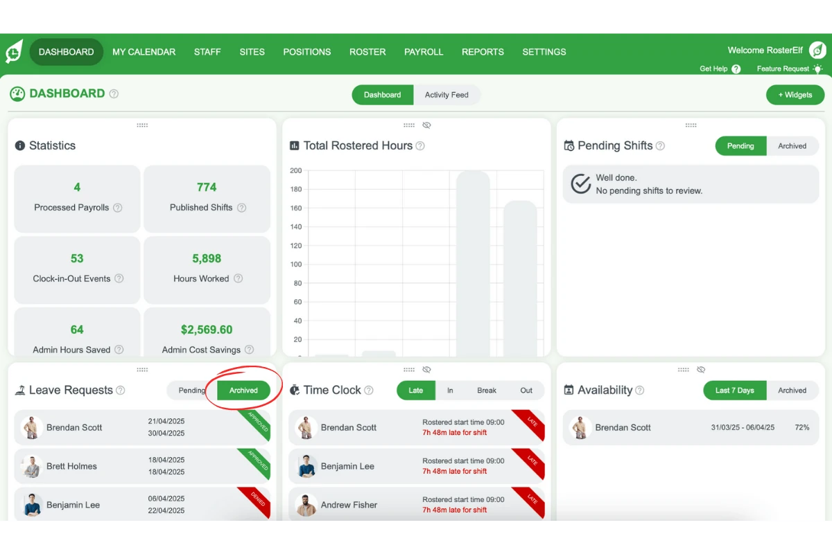 Screenshot of the archived tab in the Leave Request Widget