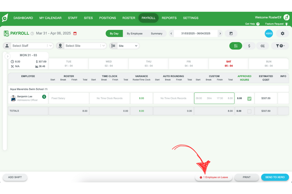 Screenshot highlighting a leave warning in RosterElf