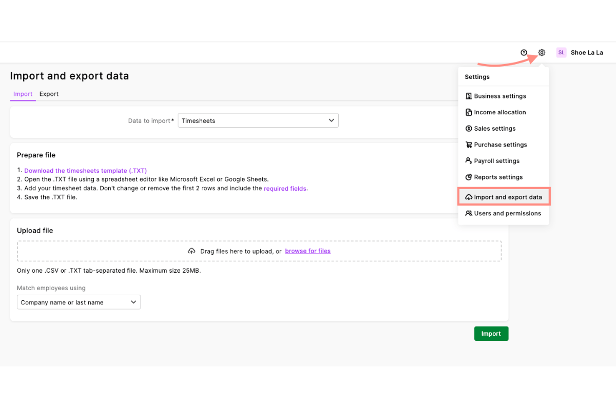 Screenshot showing MYOB My Business settings with Import selected