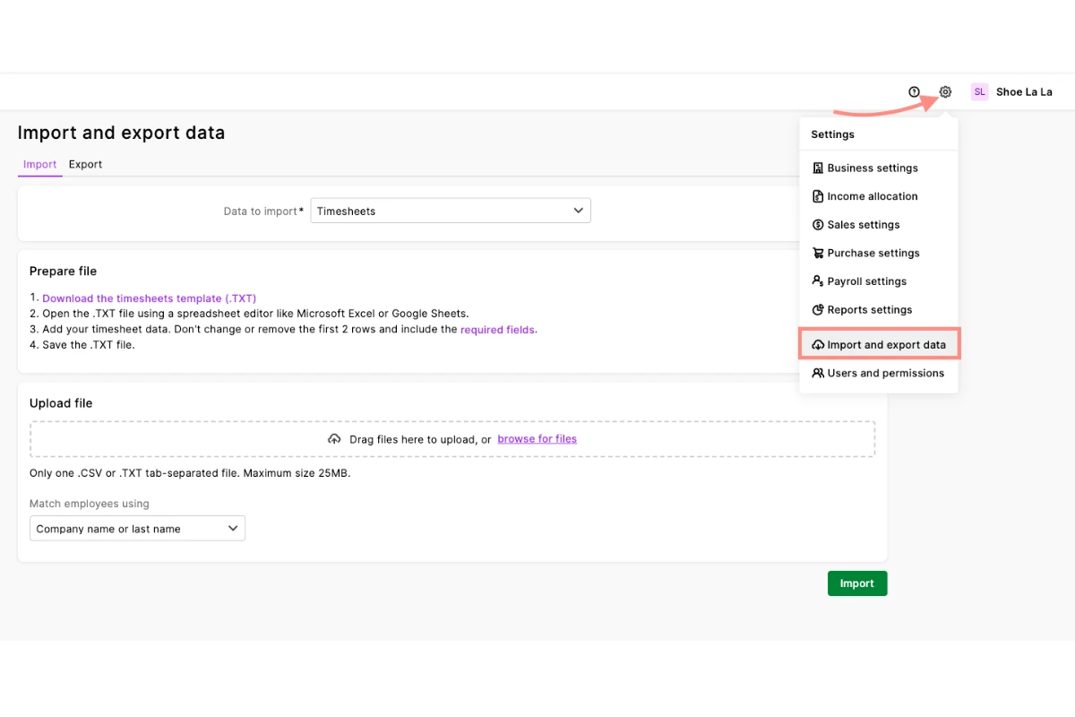 Screenshot showing MYOB My Business settings with Import selected