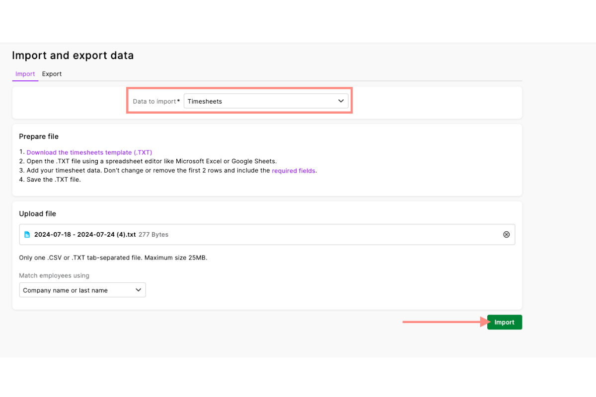 Screenshot of MYOB My Business import screen with Timesheets selected