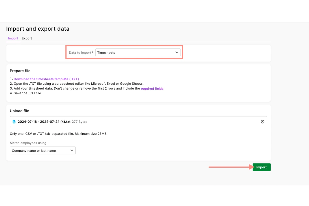 Screenshot of MYOB My Business import screen with Timesheets selected