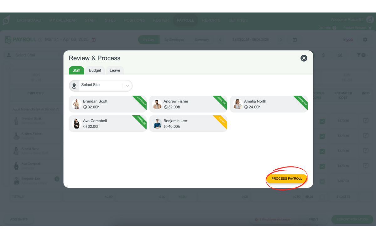 Screenshot showing the Process Payroll button in RosterElf