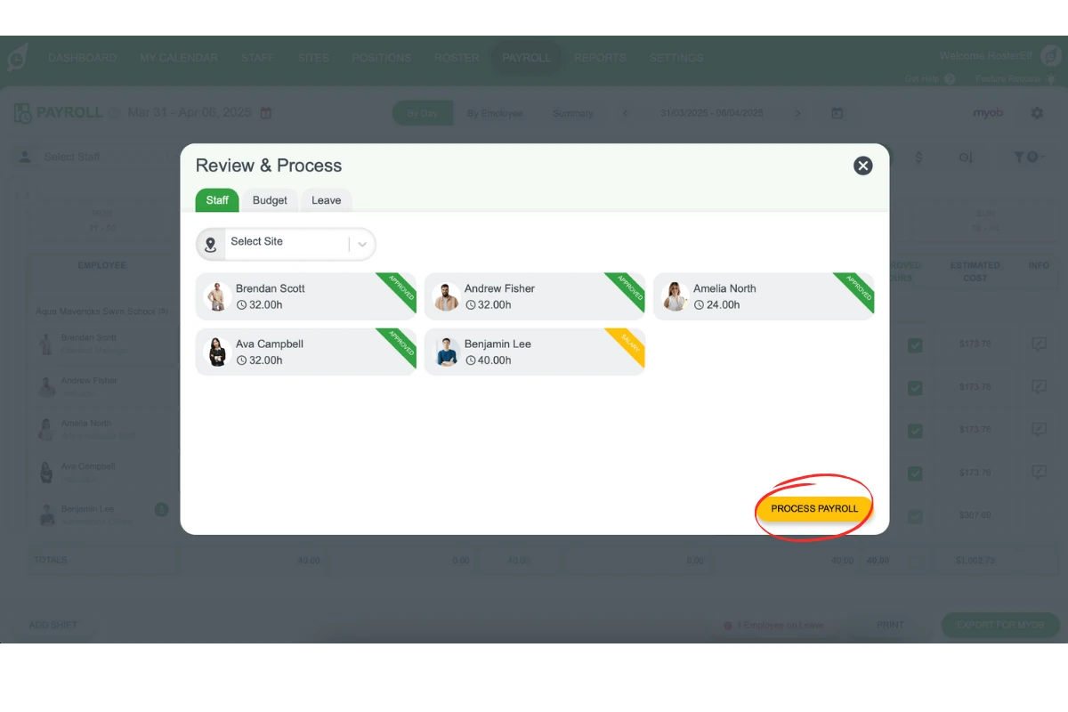 Screenshot showing the Process Payroll button in RosterElf