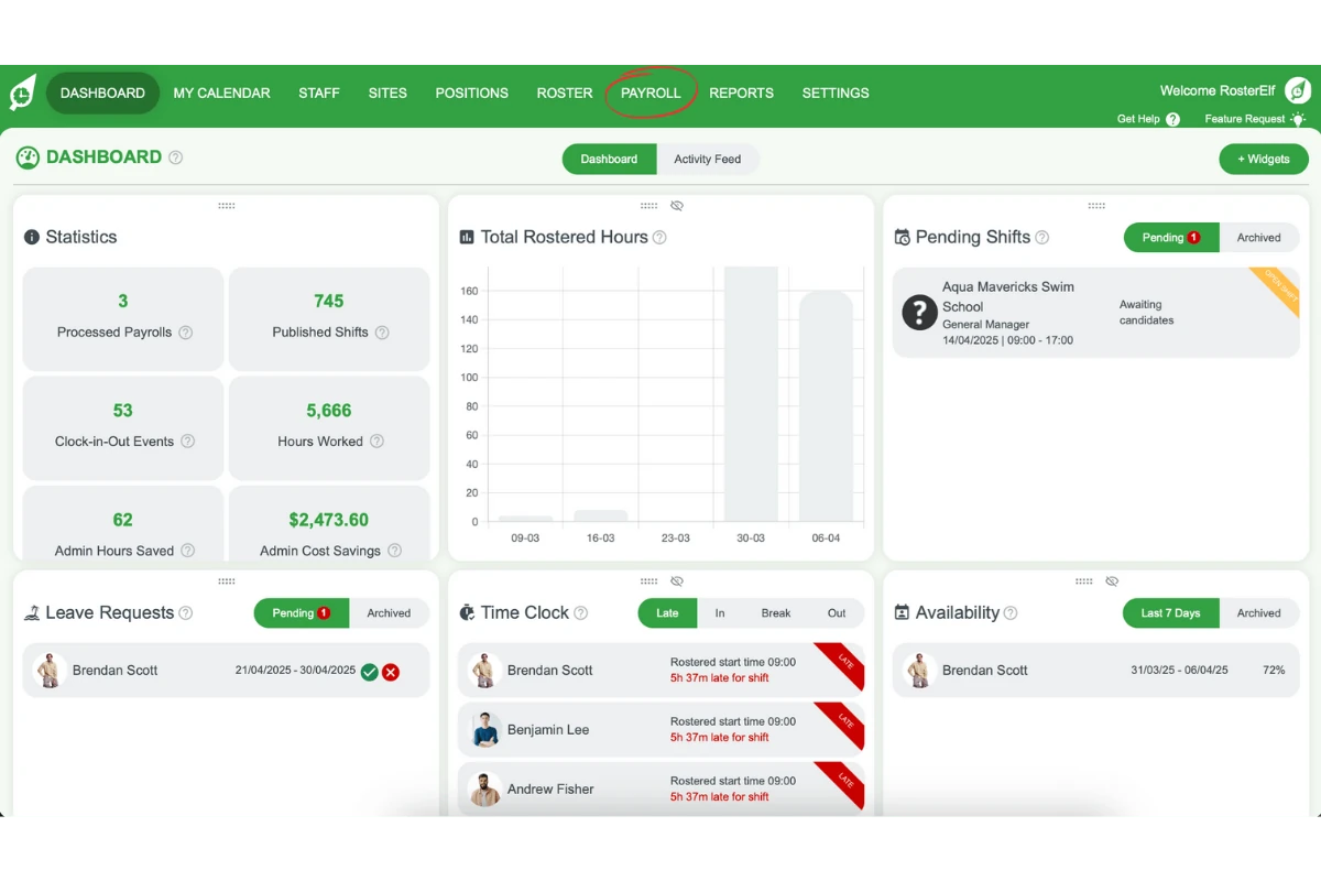 Screenshot showing RosterElf\'s Payroll tab in the top menu