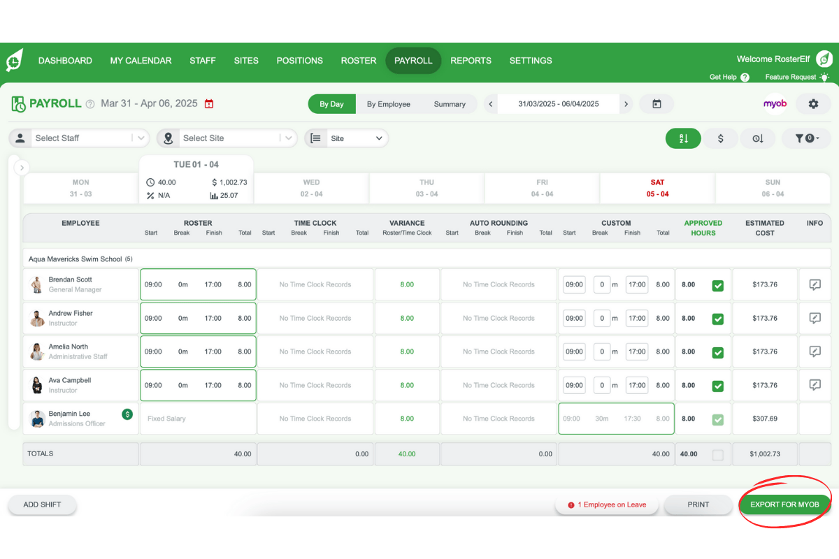 Screenshot showing the Export for MYOB button in RosterElf