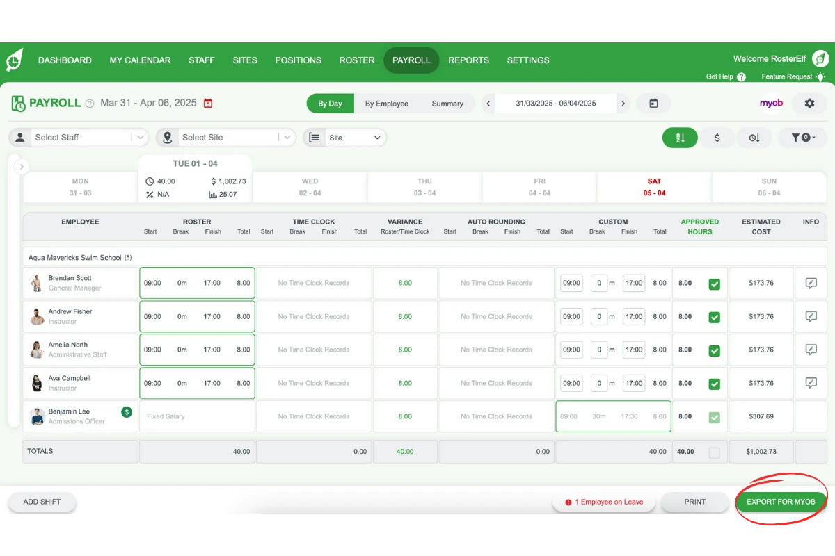 Screenshot showing the Export for MYOB button in RosterElf
