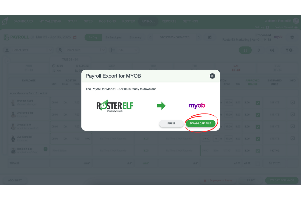 Screenshot showing the Download File button in RosterElf