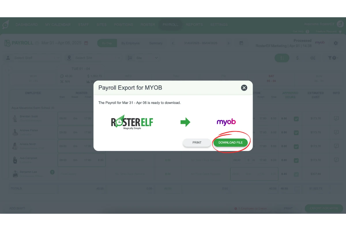 Screenshot showing the Download File button in RosterElf