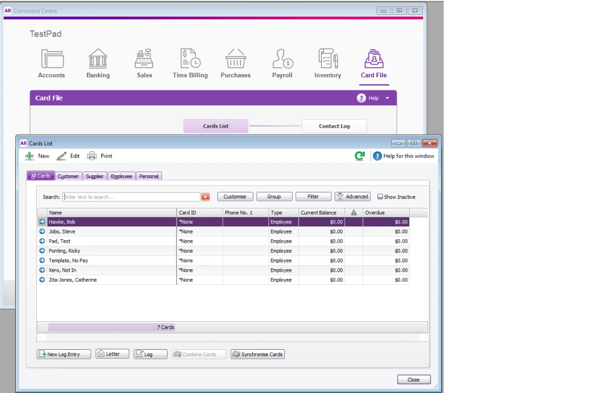 Screenshot showing the Card File tab in MYOB