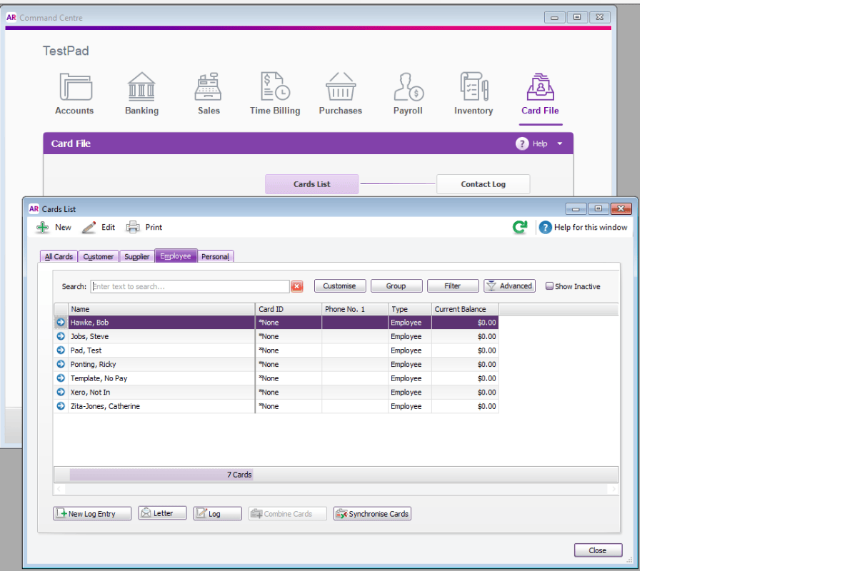 Screenshot displaying the Employee list in MYOB Card File