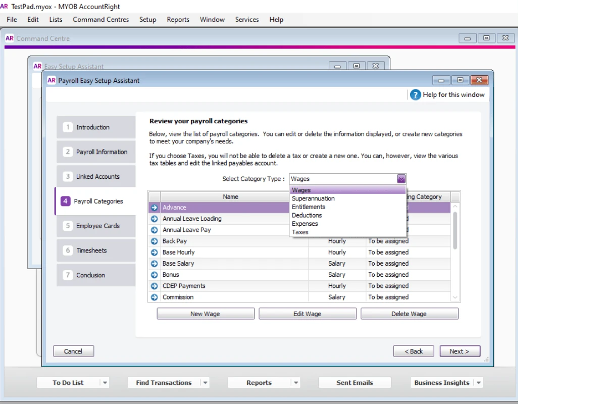 Screenshot of MYOB Payroll Category details