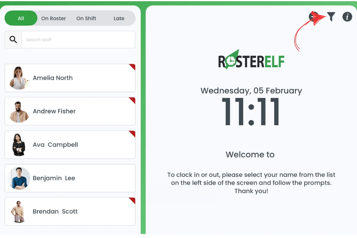 RosterElf Time Clock filter icon at the top right for advanced filters