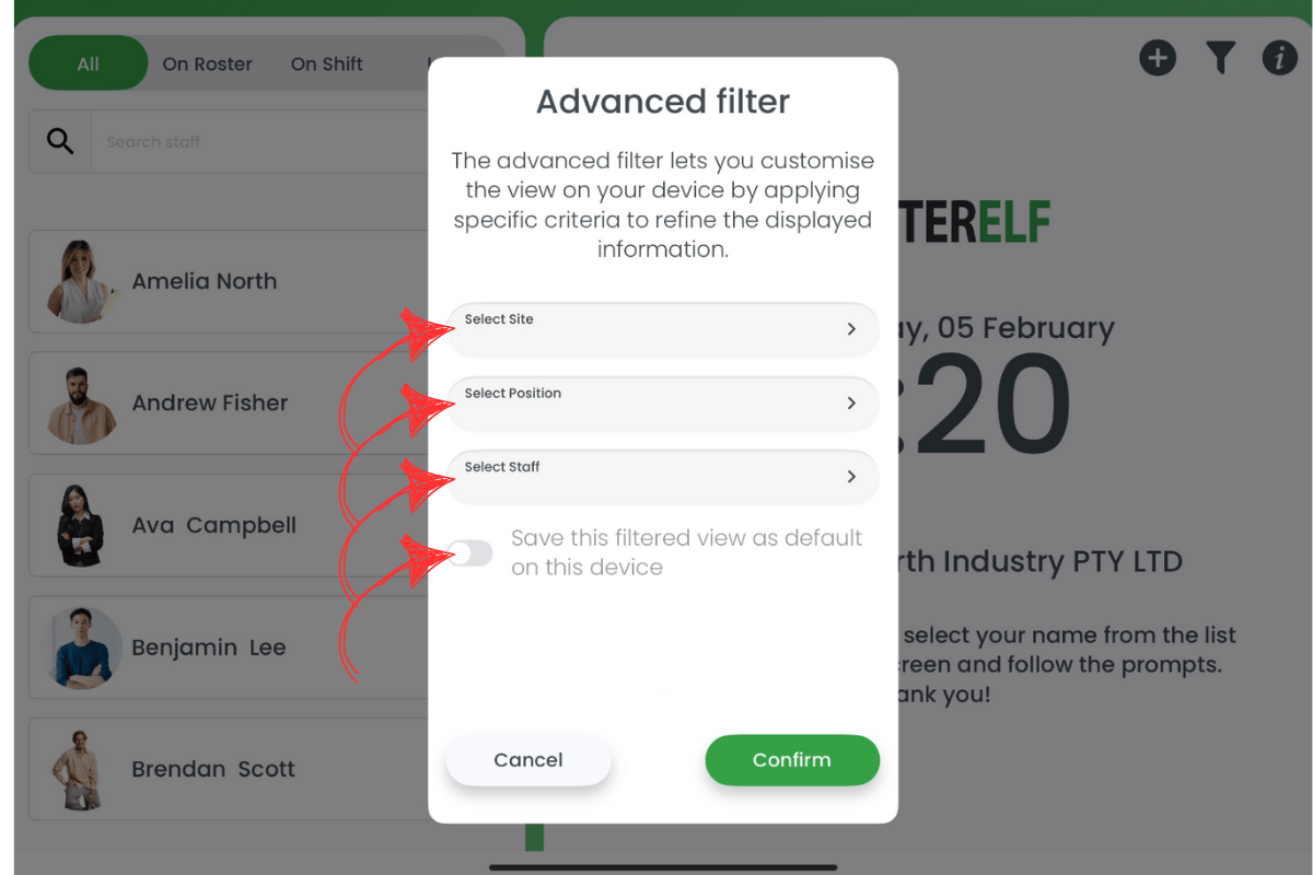 RosterElf Time Clock advanced filter pop-up to select site, position, staff, and default view