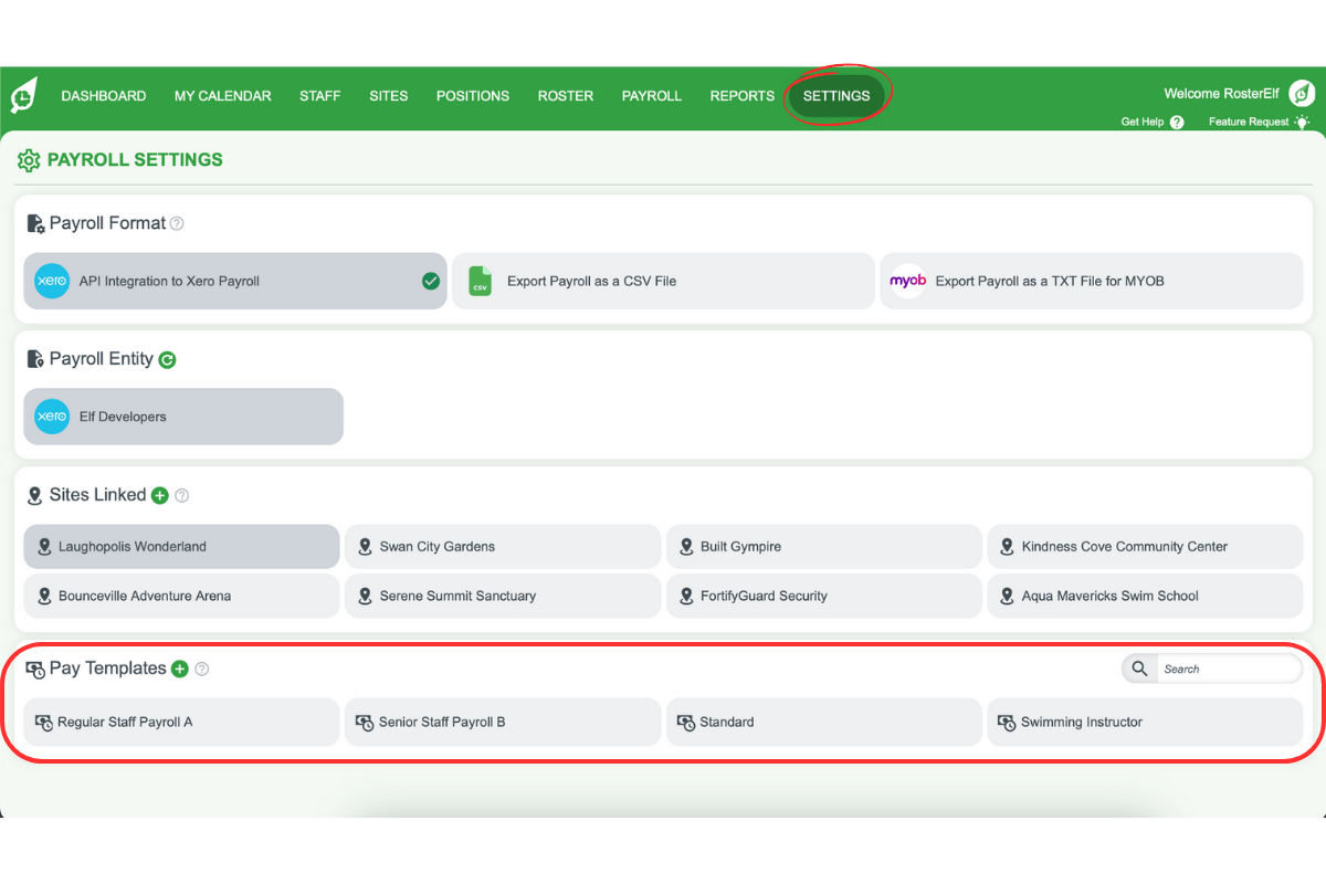Settings screen for payroll pay templates in RosterElf