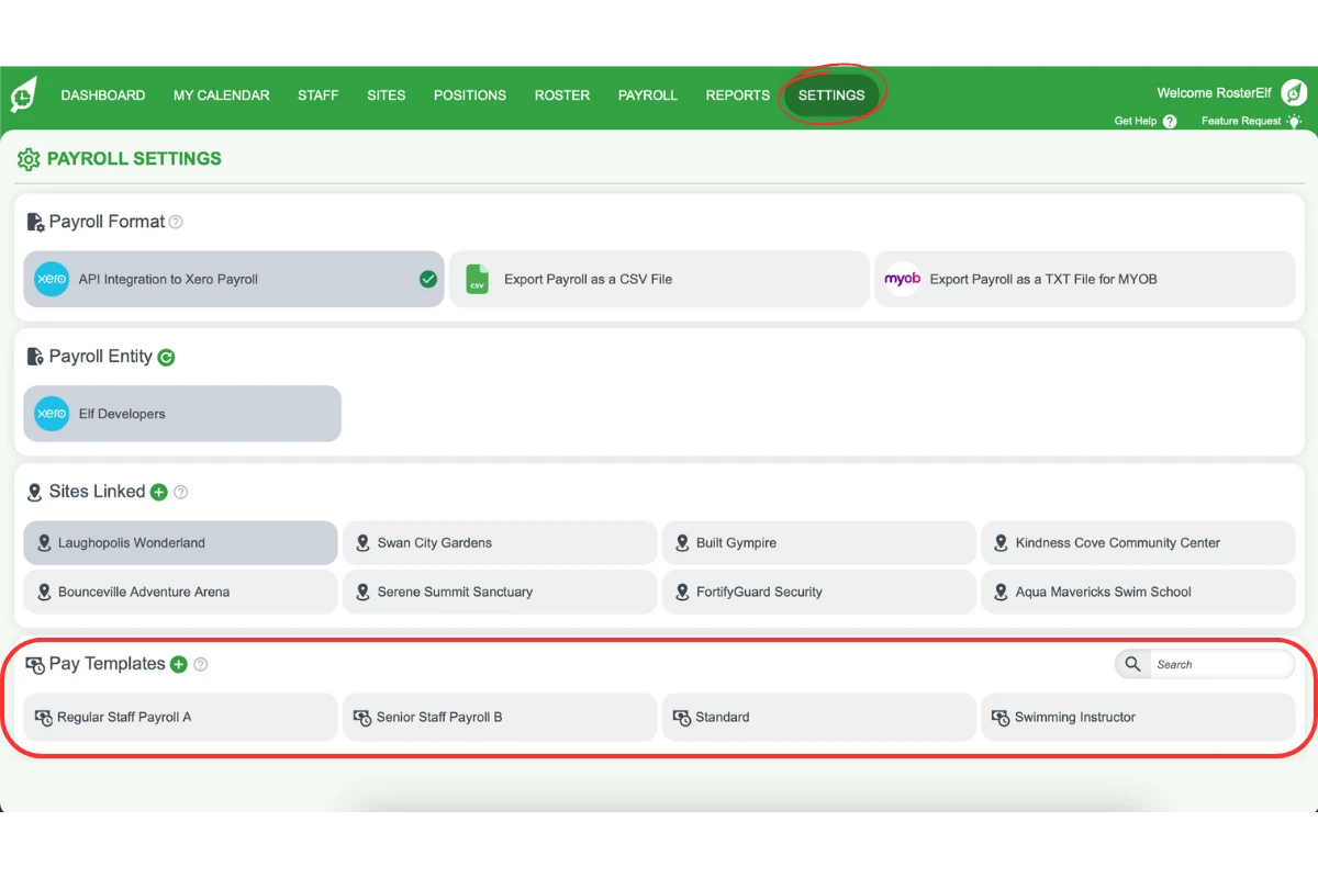 Settings screen for payroll pay templates in RosterElf