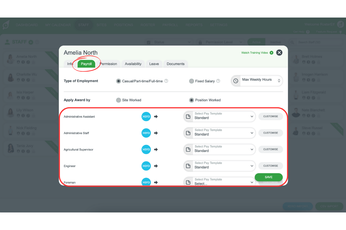 Assigning a pay template to a staff member in RosterElf