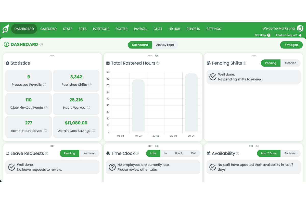RosterElf dashboard home screen showing main navigation