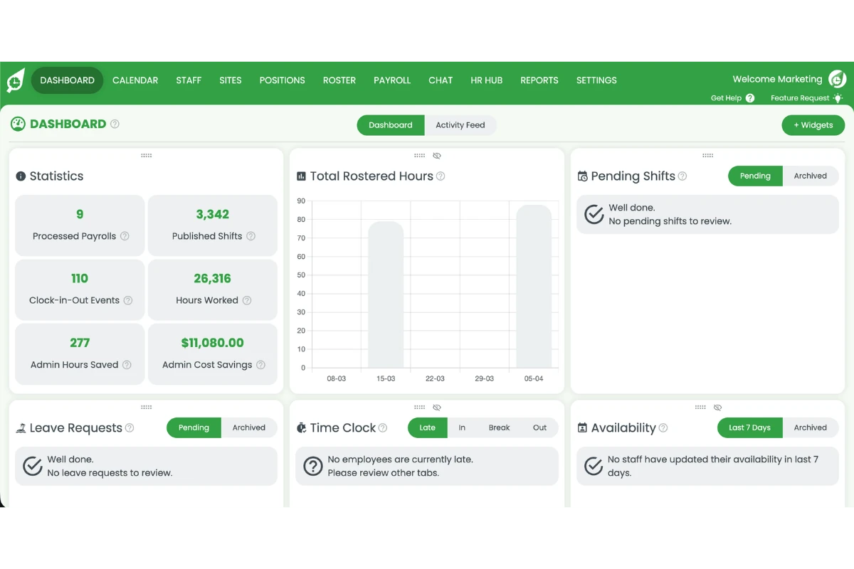 RosterElf dashboard home screen showing main navigation