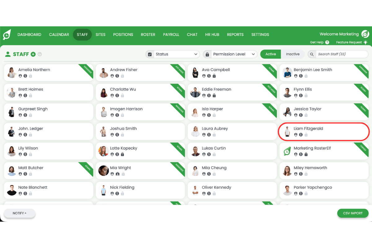 Staff member selected from the staff list in RosterElf