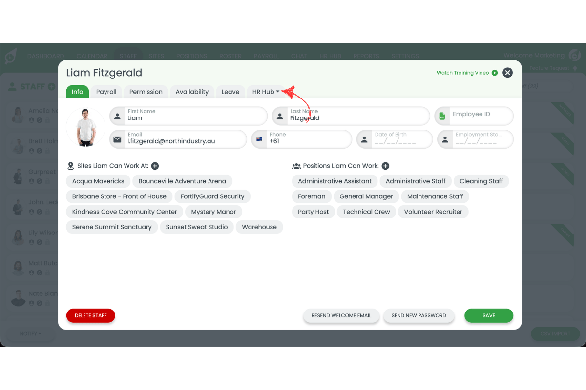 HR Hub tab open within the staff profile in RosterElf