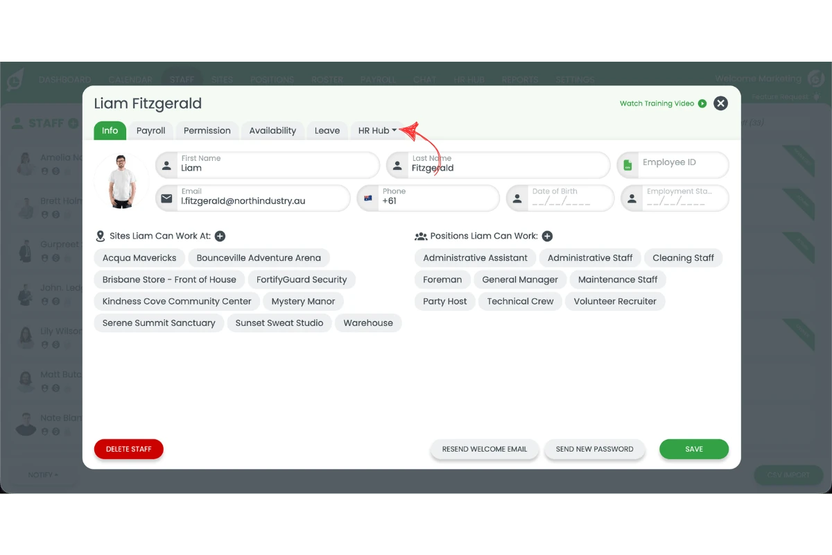 HR Hub tab open within the staff profile in RosterElf