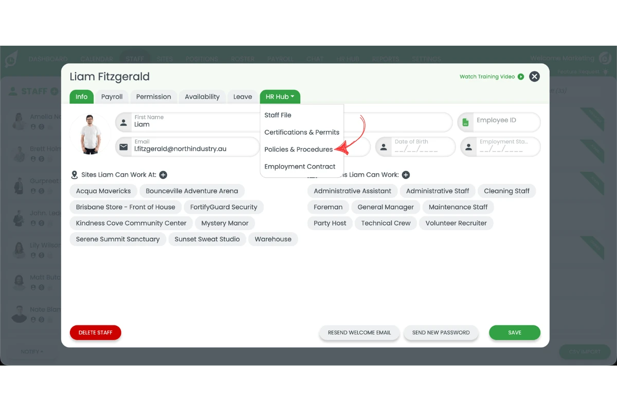 Policies and Procedures section selected in HR Hub dropdown
