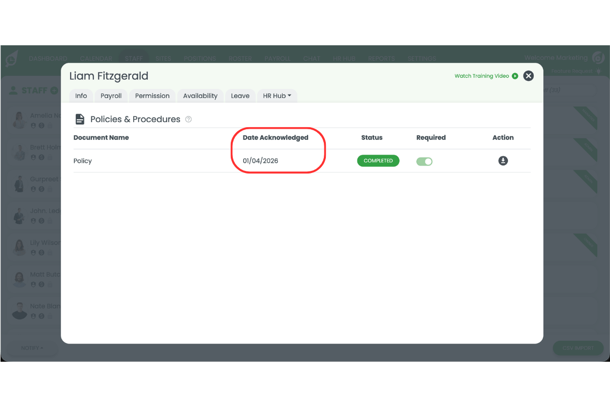 Policy acknowledgement date displayed next to each policy in the Policies and Procedures section
