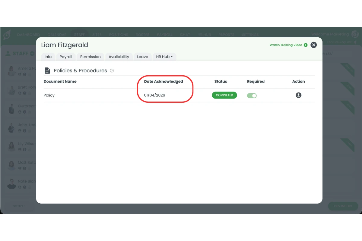 Policy acknowledgement date displayed next to each policy in the Policies and Procedures section