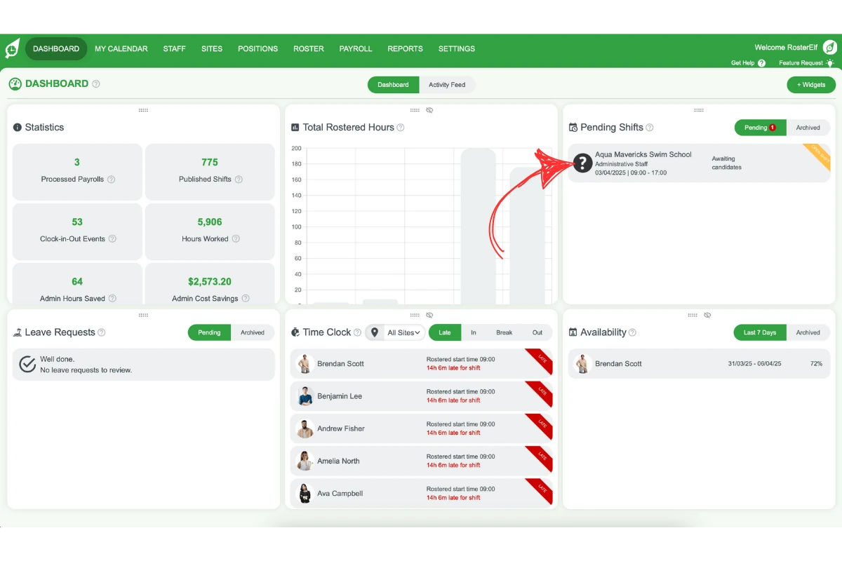 RosterElf interface displaying the Available Candidates tab