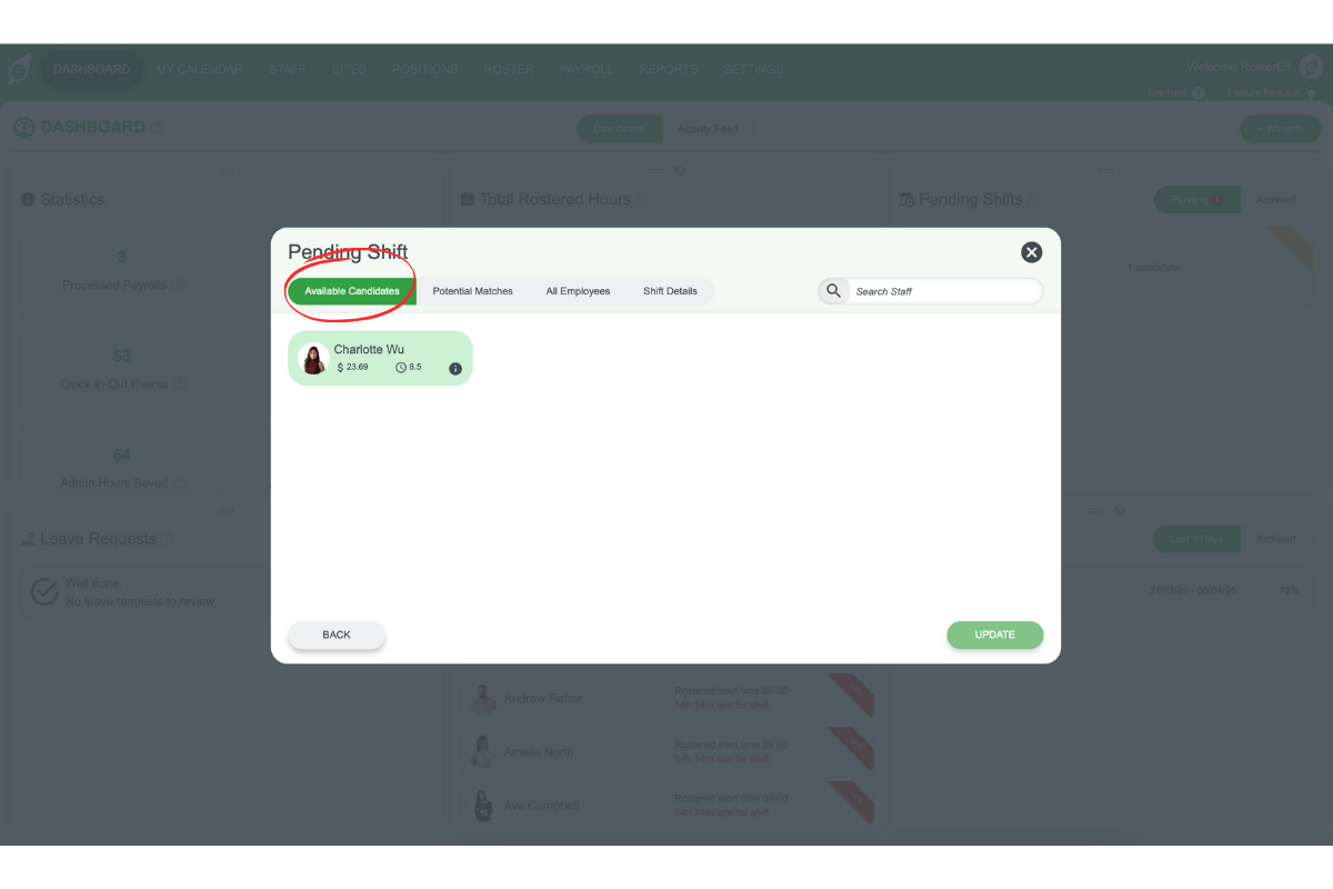 Step-by-step view of Available Candidates setup