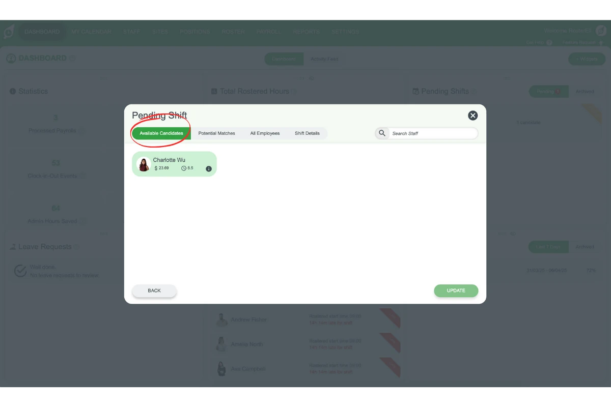 Step-by-step view of Available Candidates setup
