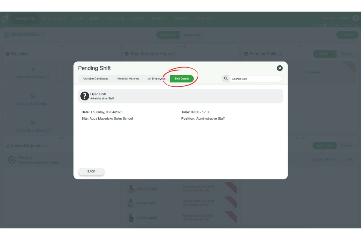 Shift Details tab in RosterElf showing shift specifics