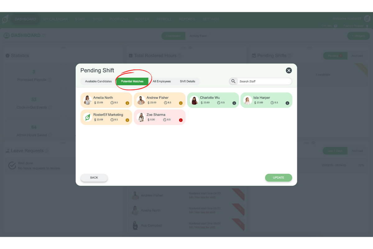 RosterElf Potential Matches tab with availability indicators