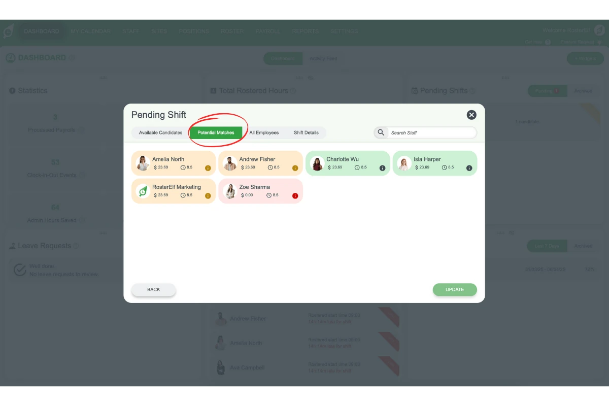 RosterElf Potential Matches tab with availability indicators