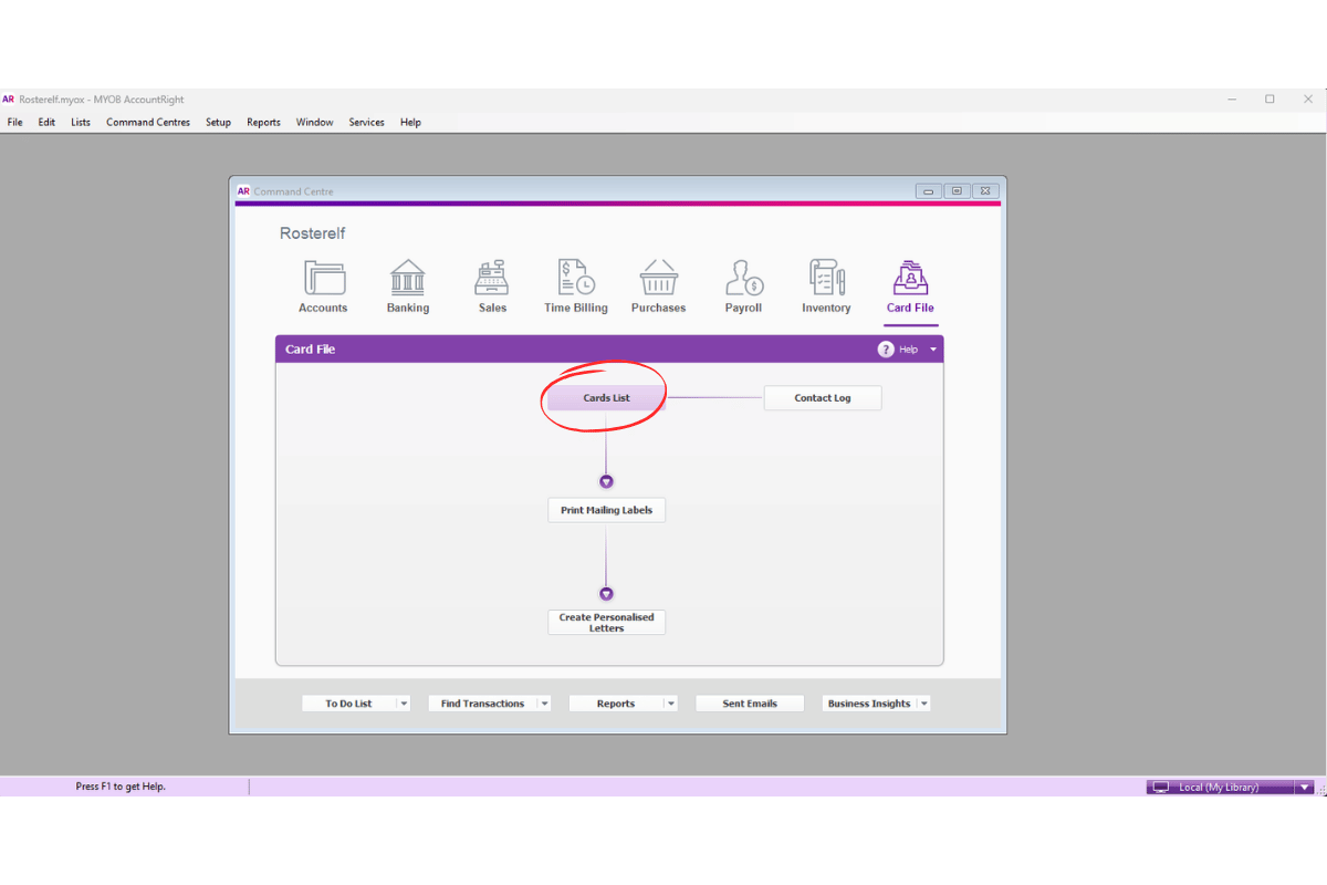 MYOB AccountRight Card List option selected from the Card File menu