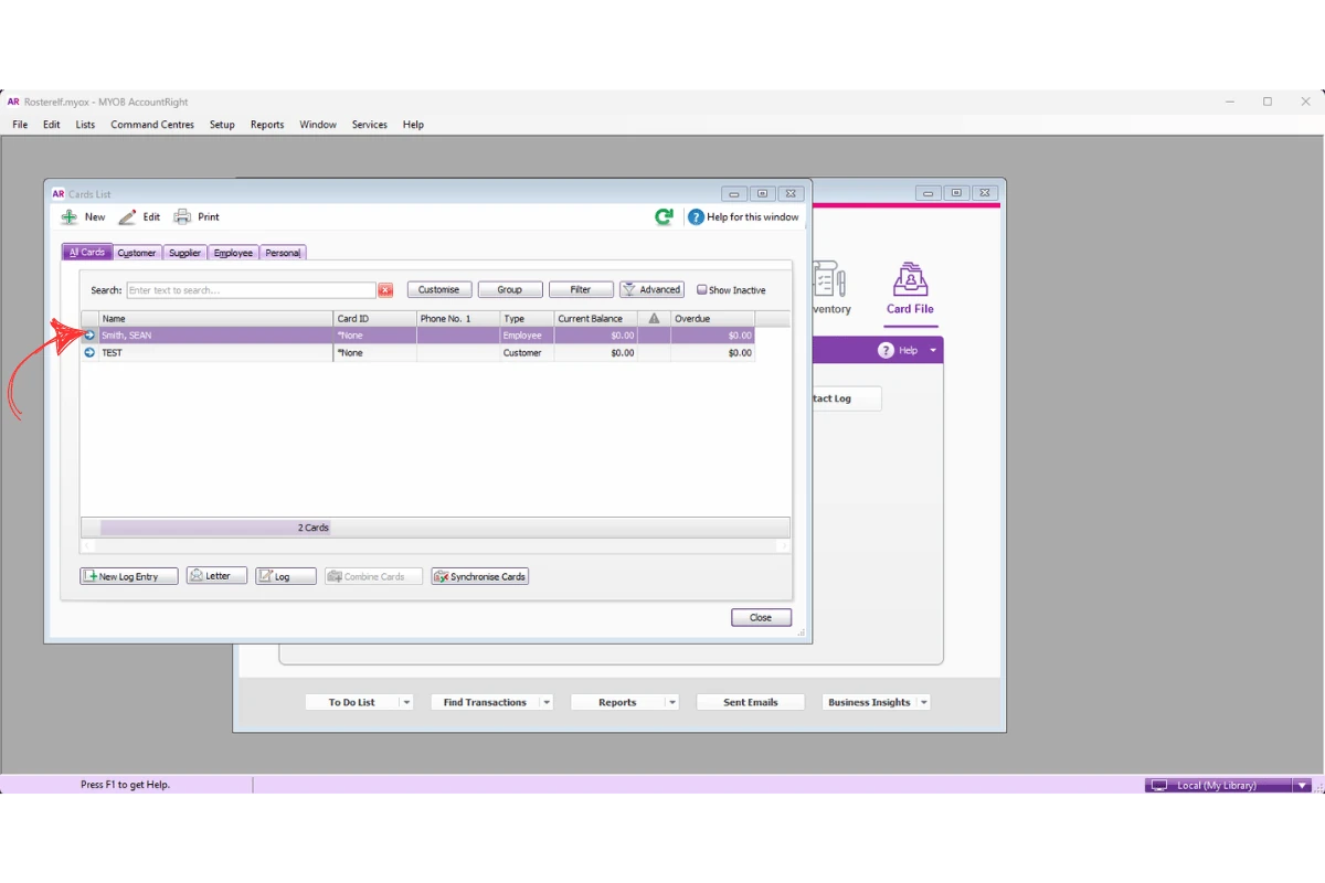 MYOB AccountRight Employee tab selected in the Card List