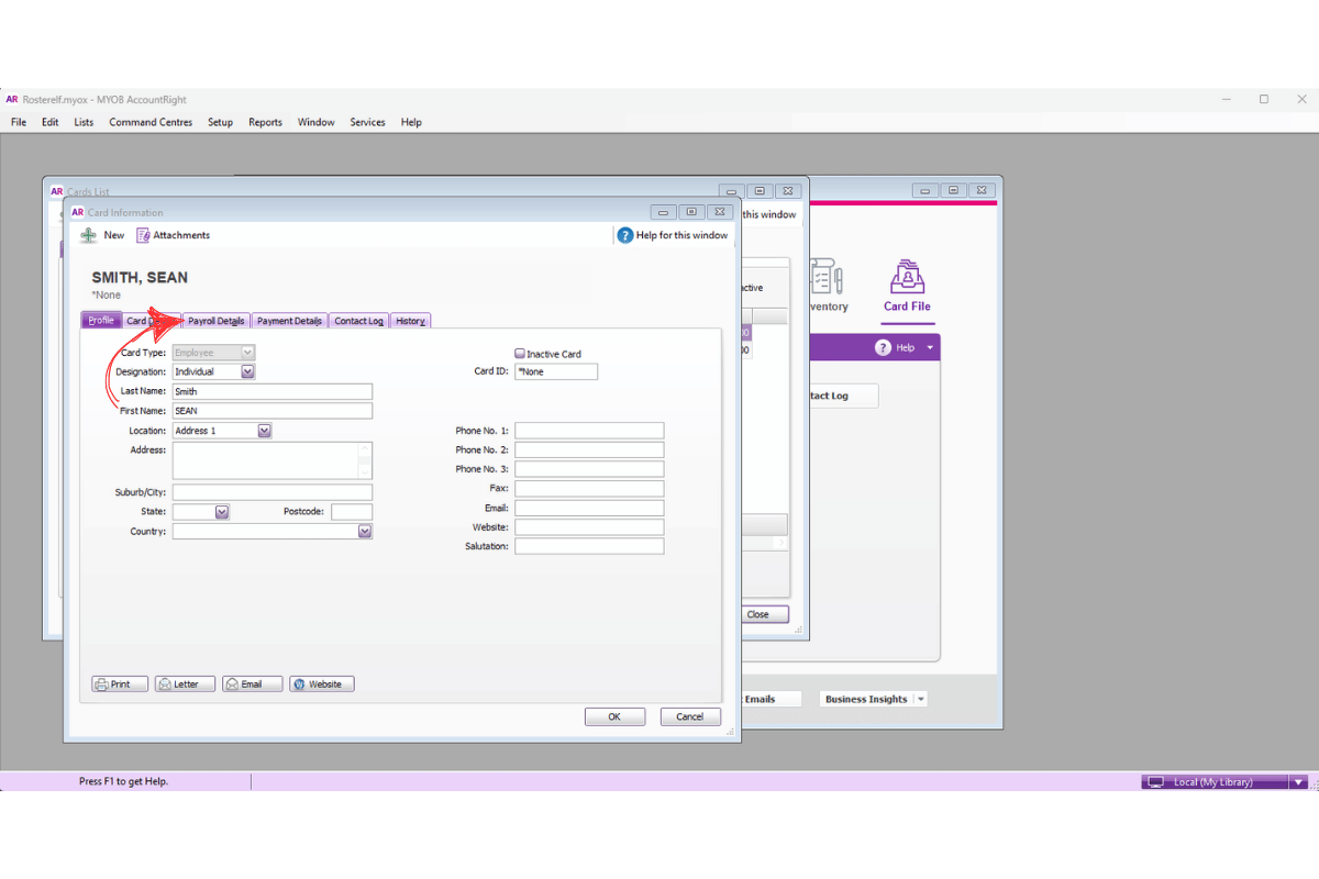 MYOB AccountRight employee profile with the Payroll Details tab highlighted