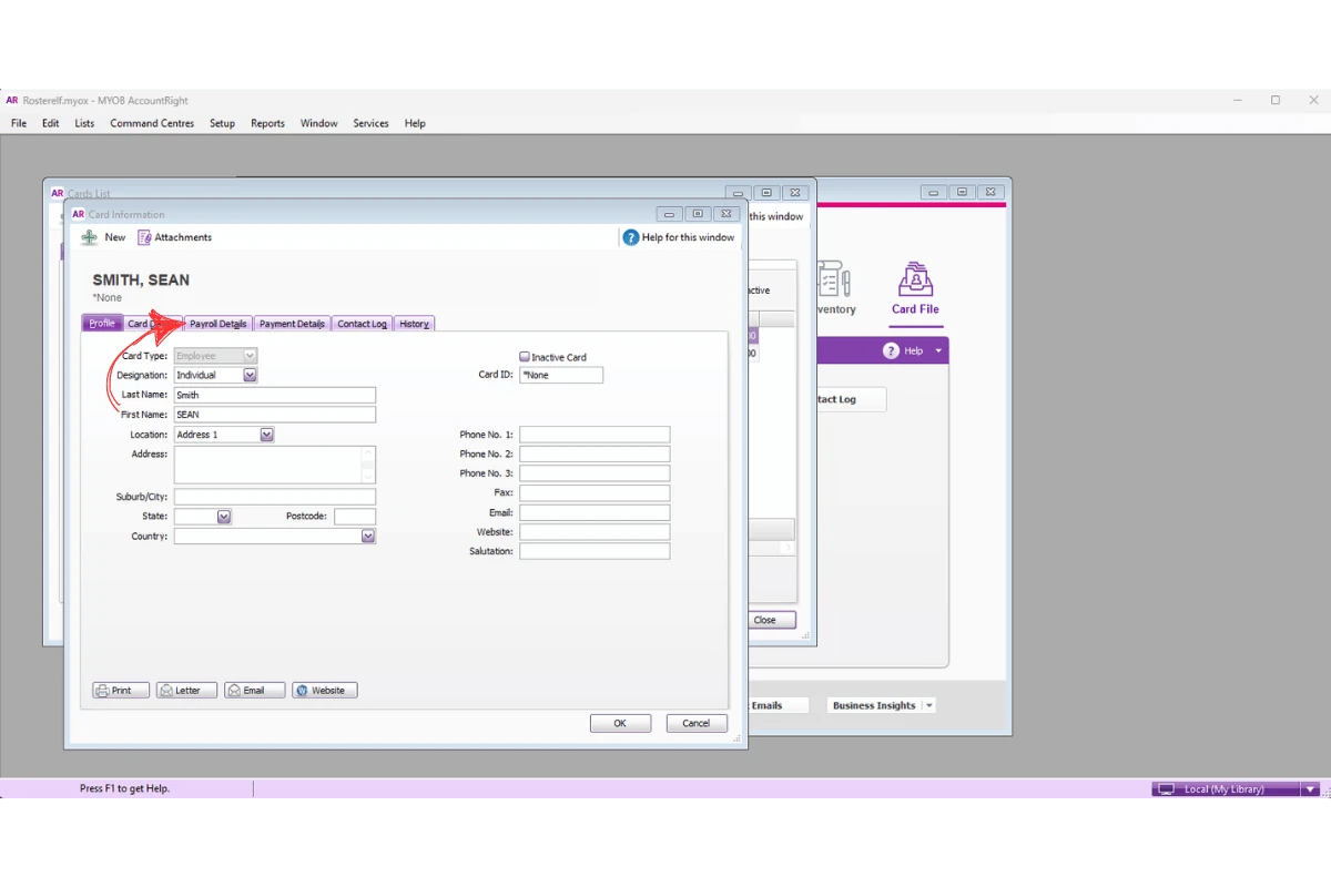 MYOB AccountRight employee profile with the Payroll Details tab highlighted