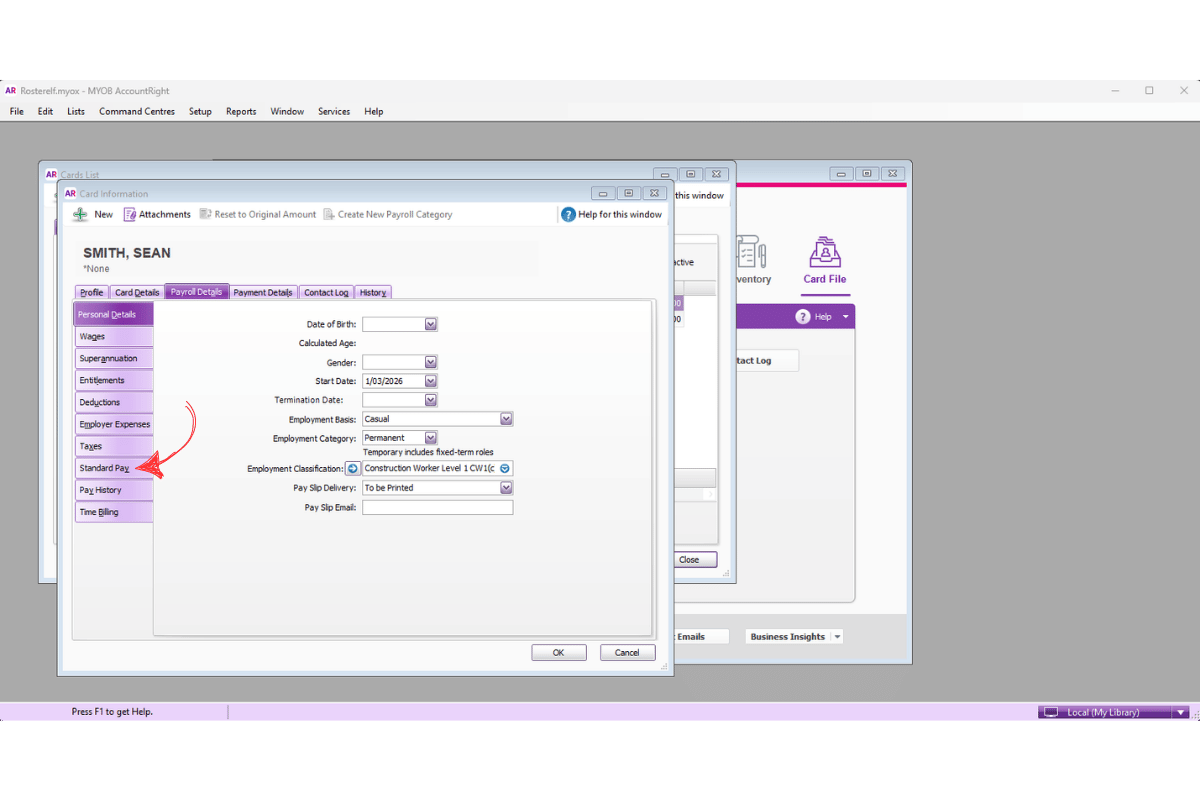 MYOB AccountRight Payroll Details with the Standard Pay section open