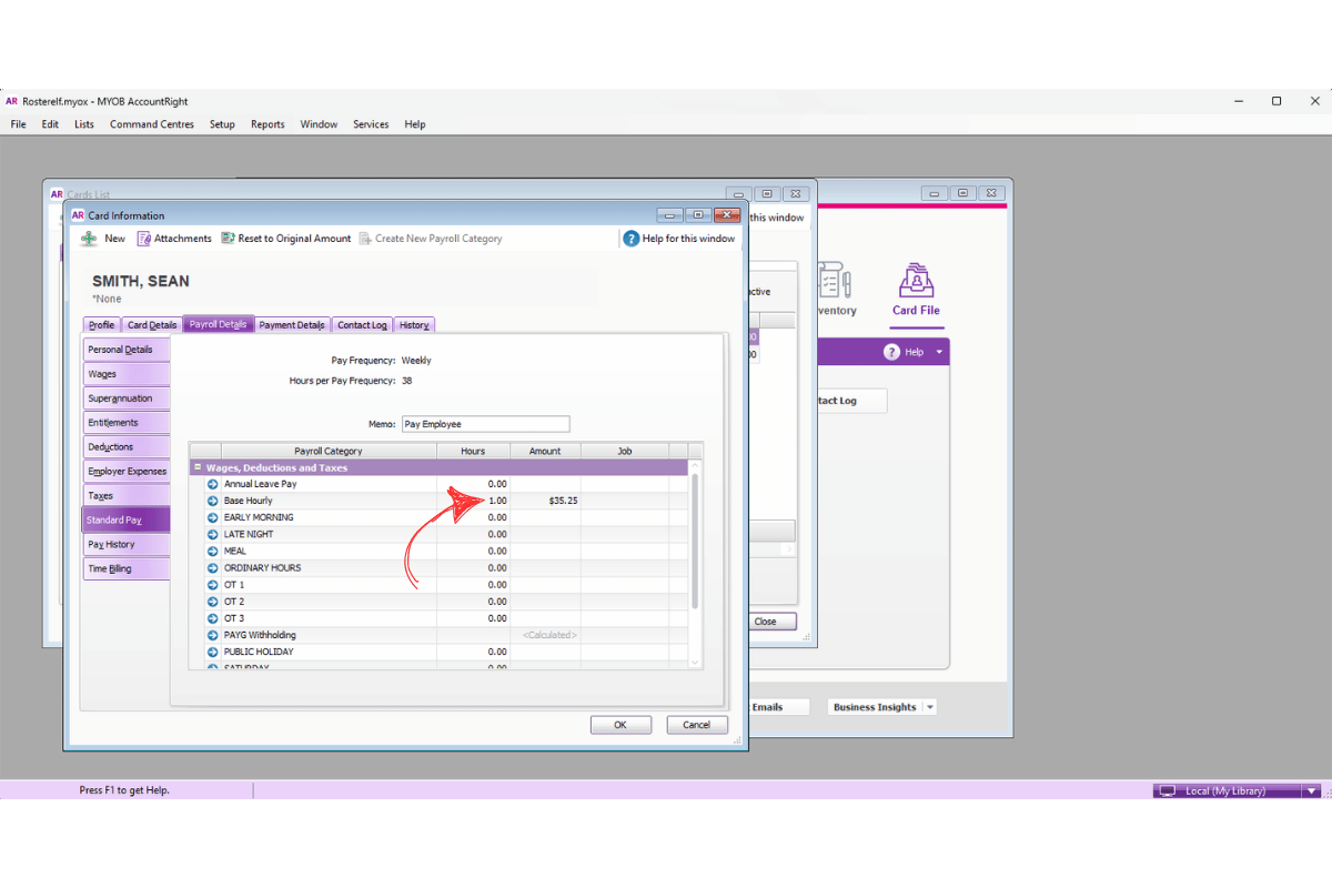 MYOB AccountRight Standard Pay showing the Base Hourly field with the value to be cleared