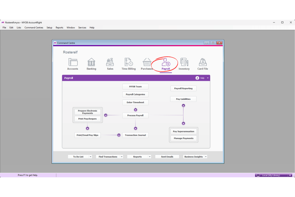 MYOB AccountRight Payroll menu in the top navigation bar