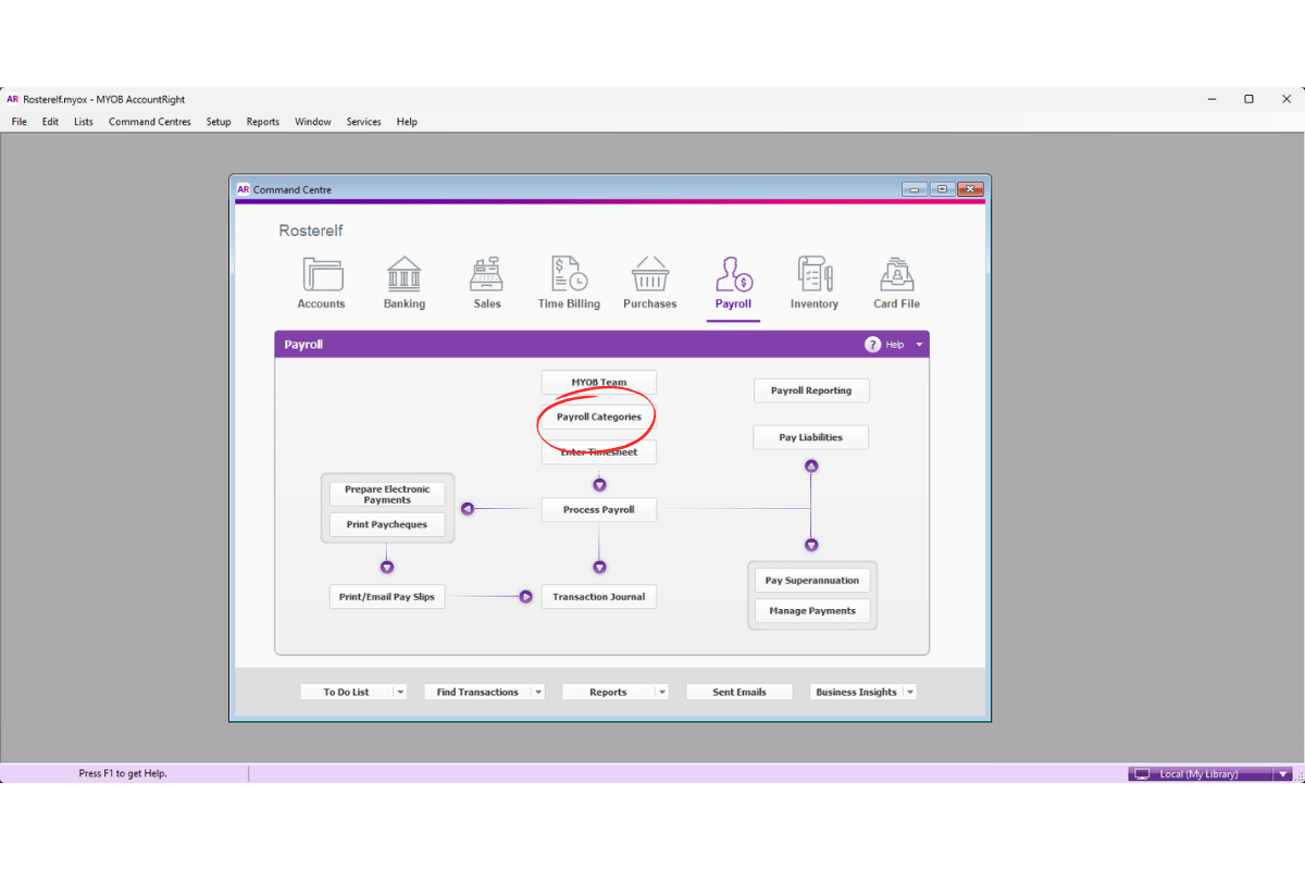 MYOB AccountRight Payroll Categories option in the Payroll menu