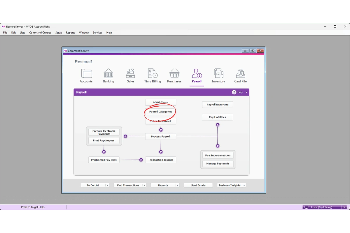 MYOB AccountRight Payroll Categories option in the Payroll menu