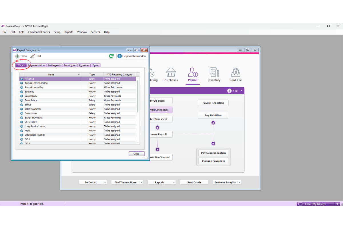 MYOB AccountRight Payroll Categories with the Wages tab selected