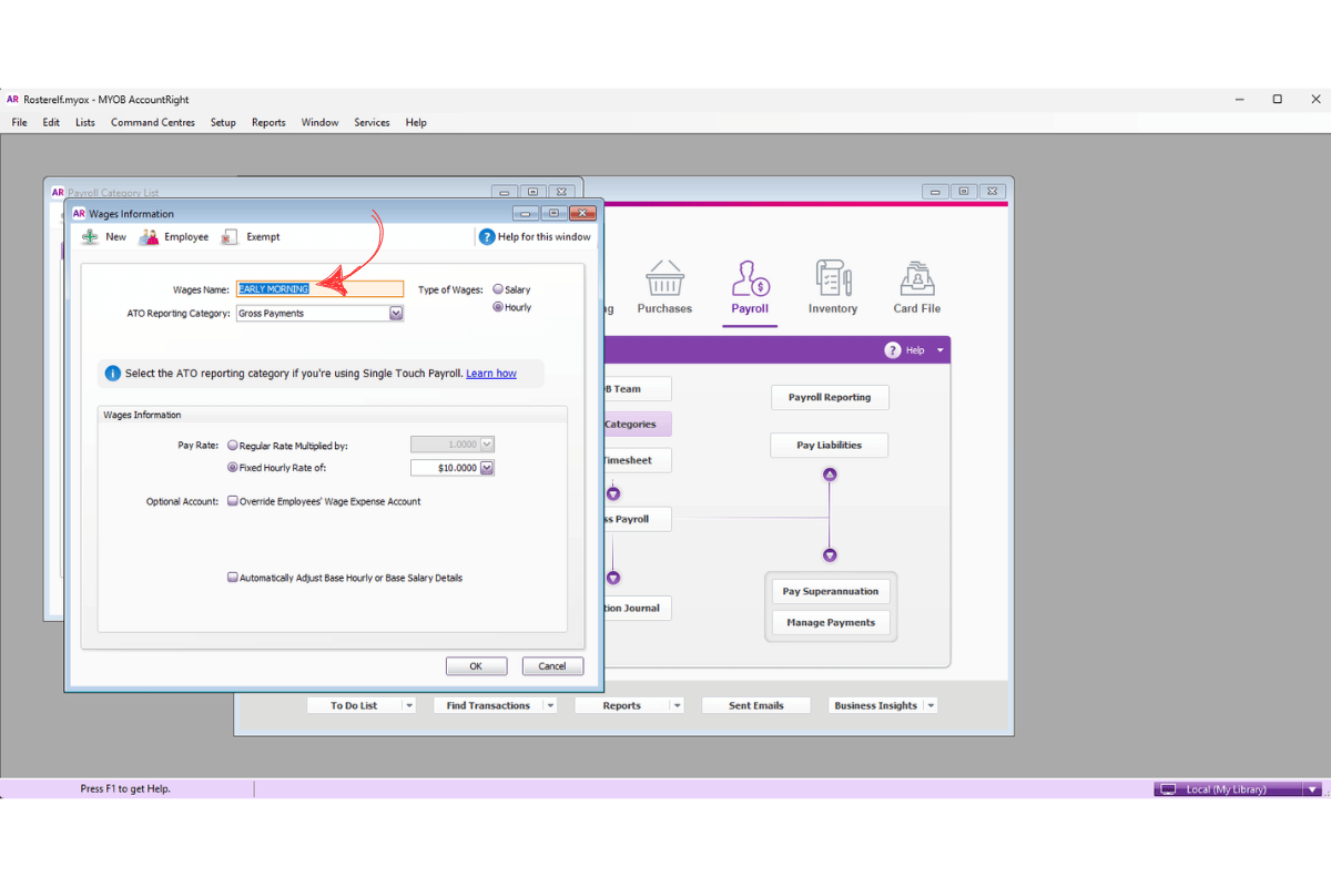 MYOB AccountRight Wages tab showing the list of payroll category names to verify against RosterElf