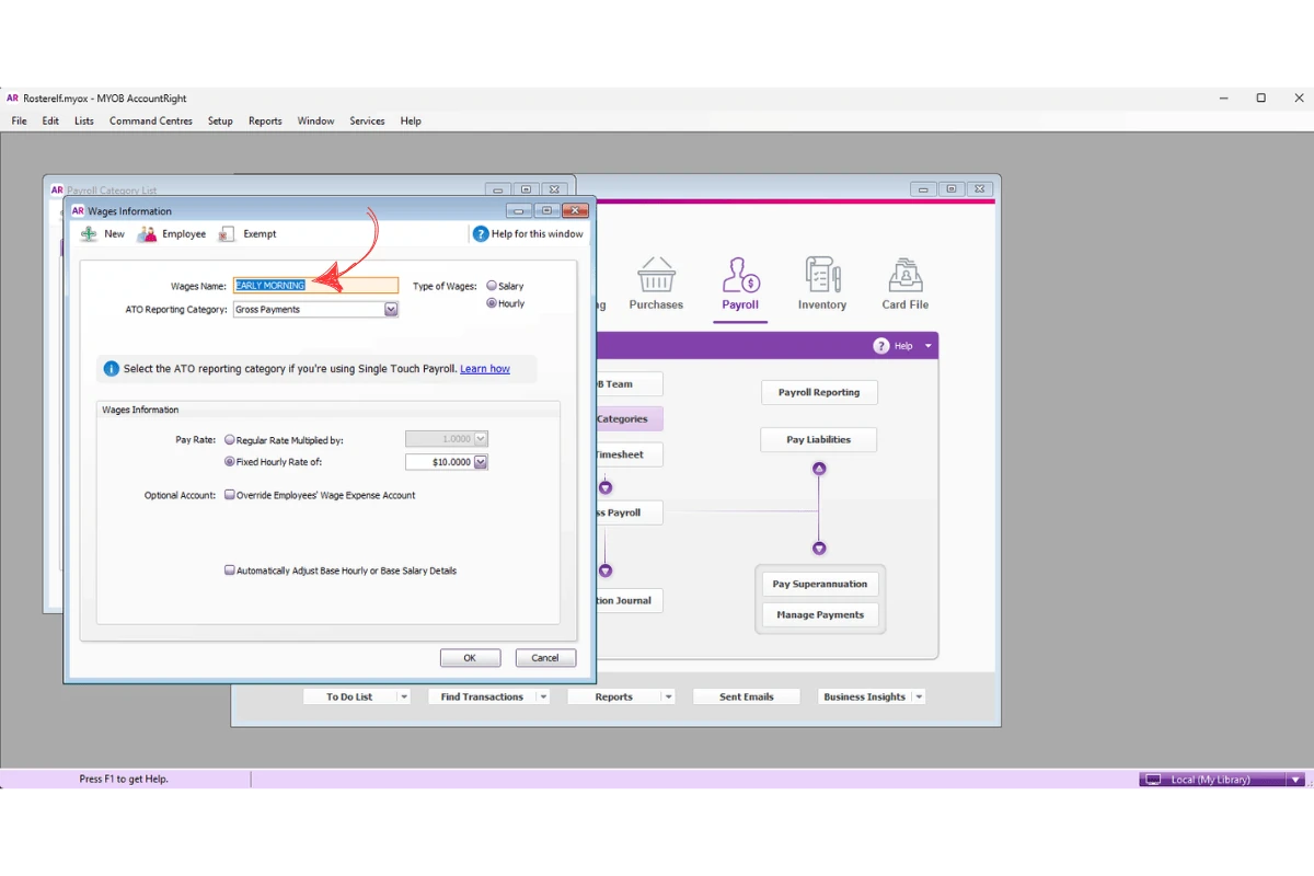 MYOB AccountRight Wages tab showing the list of payroll category names to verify against RosterElf